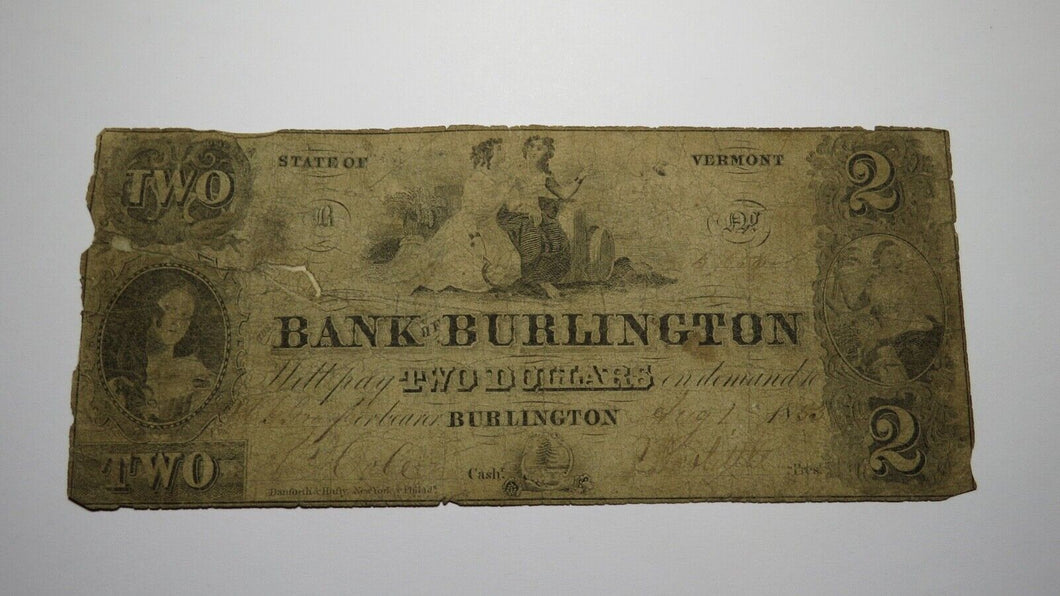 $2 1853 Burlington Vermont VT Obsolete Currency Bank Note Bill! Bank of Burling.