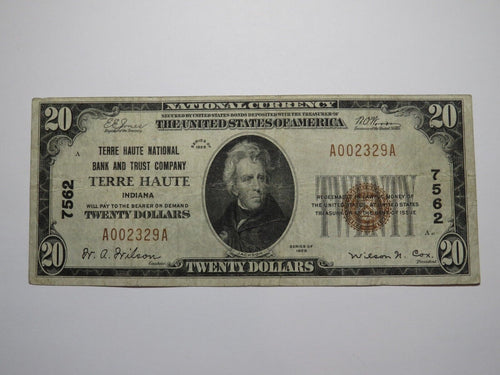 $20 1929 Terre Haute Indiana IN National Currency Bank Note Bill Ch. #7562 VF