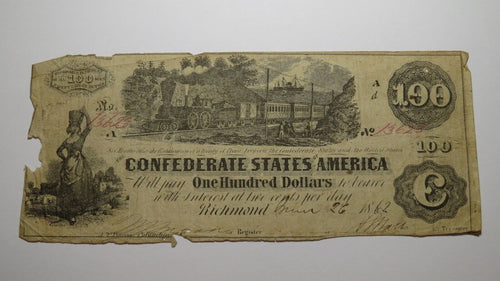 $100 1862 Richmond Virginia VA Confederate Currency Bank Note Bill RARE T39