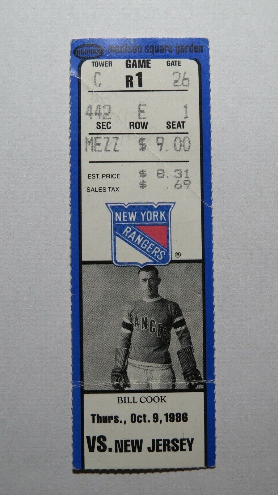 October 9, 1986 New York Rangers Vs. New Jersey Devils NHL Hockey Ticket Stub