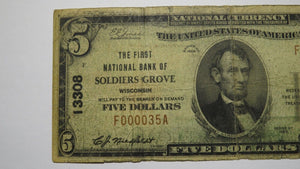 $5 1929 Soldiers Grove Wisconsin WI National Currency Bank Note Bill Ch. #13308
