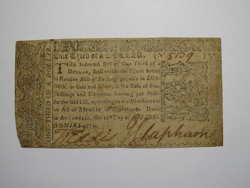 1774 $1/3 Maryland MD Colonial Currency Bank Note Bill Very Fine RARE ISSUE