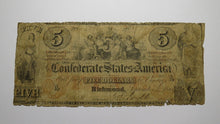 Load image into Gallery viewer, $5 1861 Richmond Virginia VA Confederate Currency Bank Note Bill T31 Rare