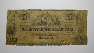 $5 1861 Richmond Virginia VA Confederate Currency Bank Note Bill T31 Rare
