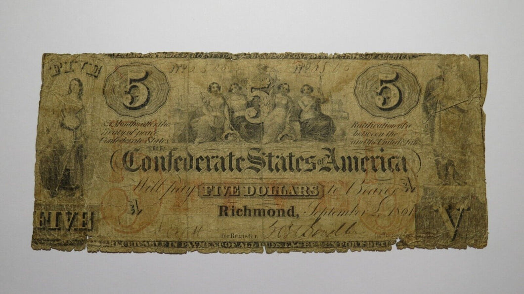 $5 1861 Richmond Virginia VA Confederate Currency Bank Note Bill T31 Rare