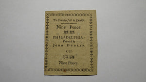 1777 Nine Pence Pennsylvania PA Colonial Currency Bank Note Bill RARE 9d AU++
