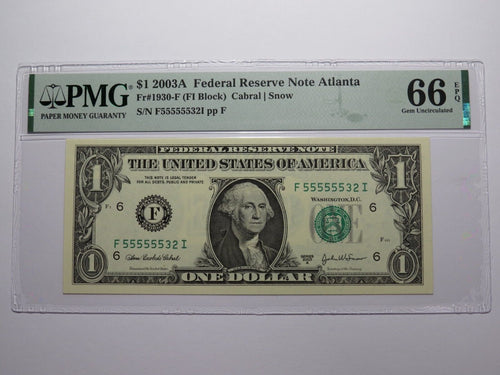 $1 2003 Near Solid Serial Number Federal Reserve Bank Note Bill UNC66 #55555532