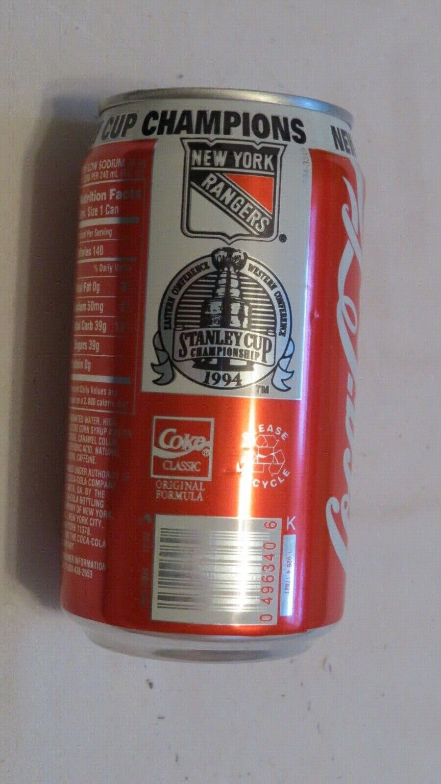 1993-94 Sealed New York Rangers NHL Stanley Cup Commemorative Coca-Cola Soda Can