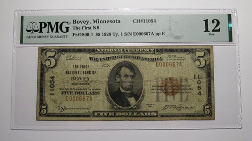 $5 1929 Bovey Minnesota MN National Currency Bank Note Bill Ch. #11054 F12 PMG