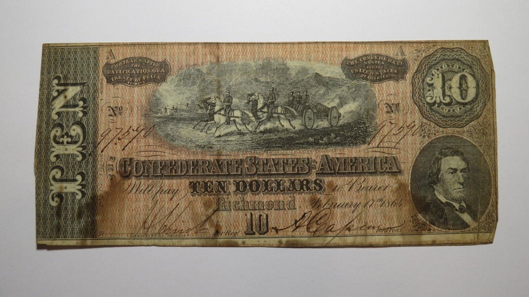 $10 1864 Richmond Virginia VA Confederate Currency Bank Note Bill RARE T68 FINE