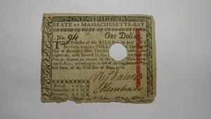 $1 1780 Massachusetts Bay MA Colonial Currency Note Bill One Dollar RARE Issue!