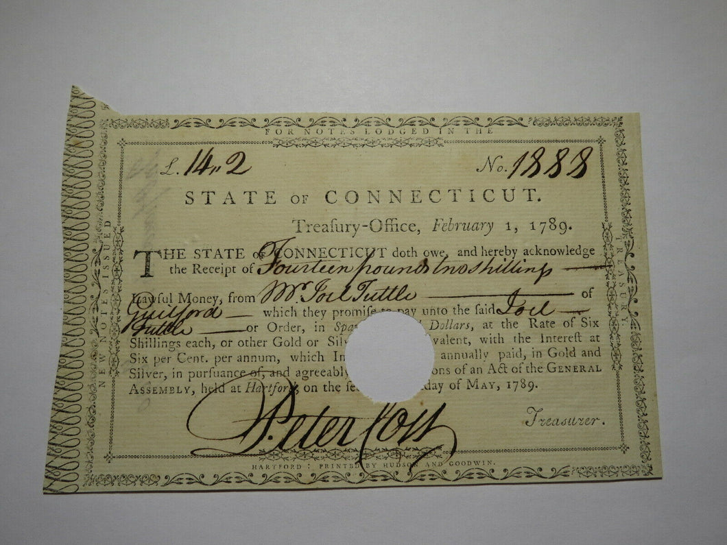 1789 Connecticut Pay Table Office Colonial Currency Note Bill! Peter Colt Signed
