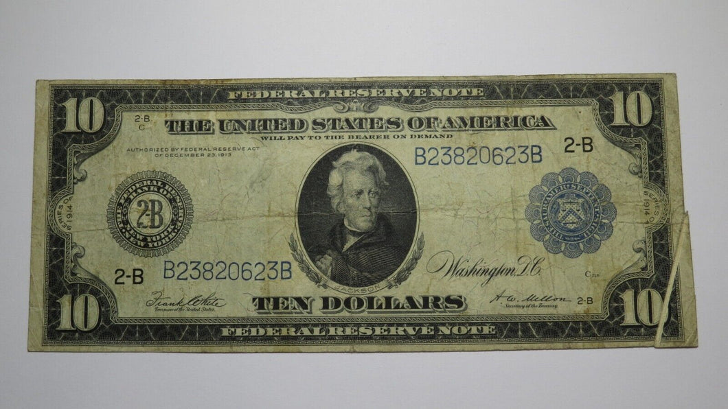 $10 1914 New York Federal Reserve Gutter Fold Error Large Bank Note Bill FINE