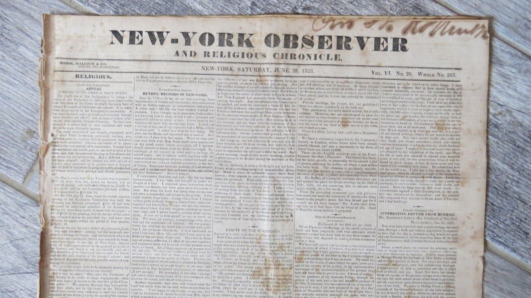 June 28, 1828 New York NY Observer Newspaper Morse,Hallock and Co.