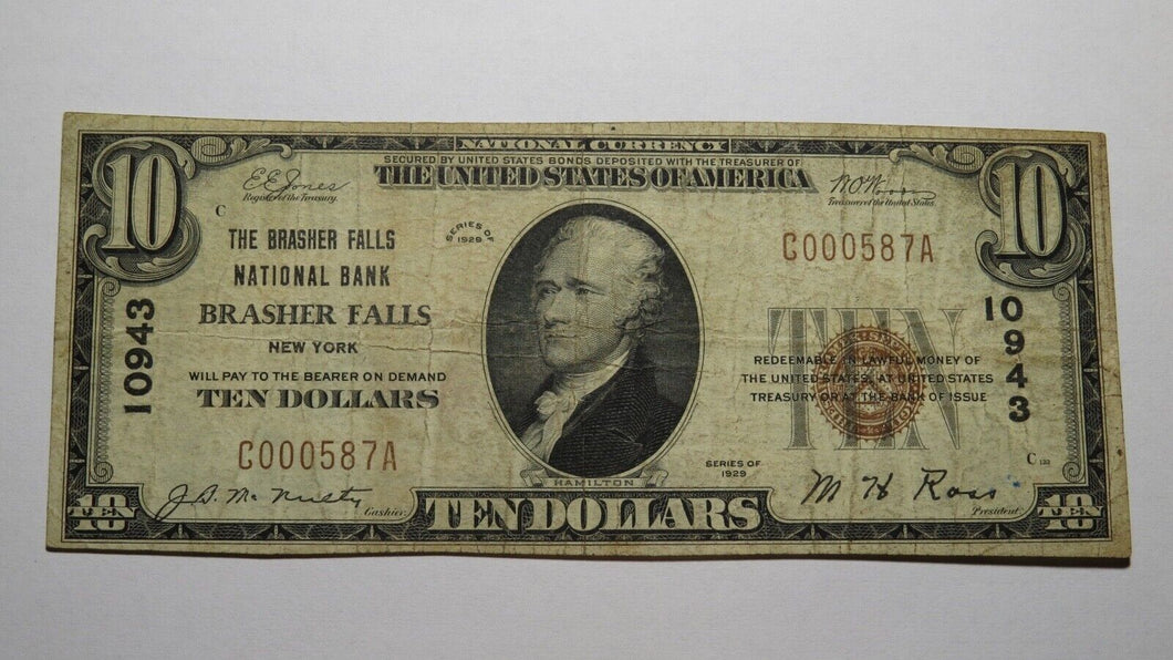 $10 1929 Brasher Falls New York NY National Currency Bank Note Bill #10943 FINE