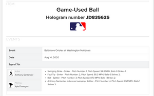 2020 Kyle Finnegan Washington National Strikeout Game Used Baseball! Santander K