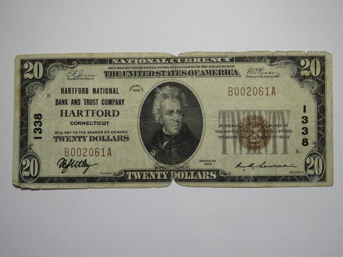 $20 1929 Hartford Connecticut CT National Currency Bank Note Bill Charter #1338