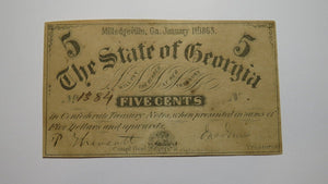 $.05 1863 Milledgeville Georgia GA Obsolete Currency Bank Note Bill! State of GA