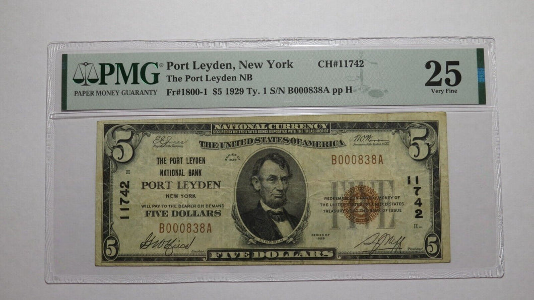 $5 1929 Port Leyden New York NY National Currency Bank Note Bill Ch #11742 VF25