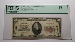 $20 1929 Ontario California CA National Currency Bank Note Bill! Ch. #13092 F12