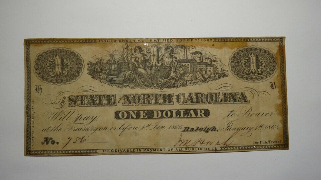 $1 1863 Raleigh North Carolina Obsolete Currency Bank Note Bill! State of NC!