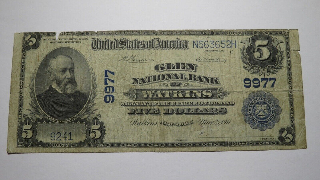 $5 1902 Watkins New York NY National Currency Bank Note Bill! Ch. #9977 Glen!