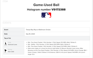 2020 Nate Lowe Tampa Bay Rays RBI Single Game Used MLB Baseball! Alex Cobb