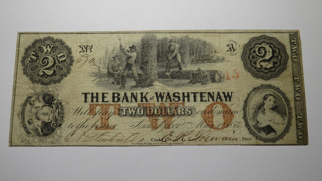 $2 1854 Ann Arbor Michigan MI Obsolete Currency Bank Note Bill Bank of Washtenaw