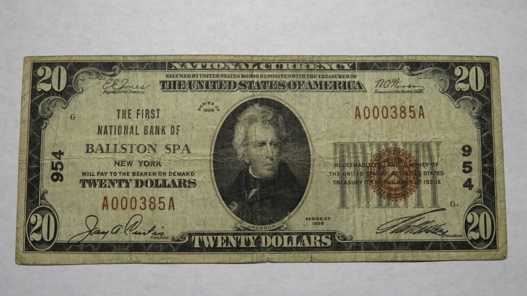 $20 1929 Ballston Spa New York NY National Currency Bank Note Bill Ch #954 Fine!