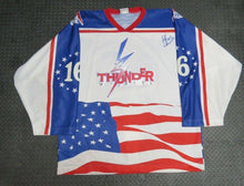 Load image into Gallery viewer, 2002-03 Jeff Leiter Wichita Thunder Game Used Worn Stars &amp; Stripes Hockey Jersey