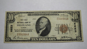 $10 1929 Highland Illinois IL National Currency Bank Note Bill! Ch. #6653 VF!