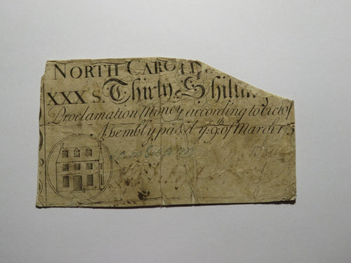 1754 Thirty Shillings North Carolina NC Colonial Currency Note Bill RARE 30s!