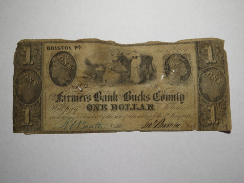 $1 1841 Bristol Pennsylvania PA Obsolete Currency Bank Note Bill Bucks County