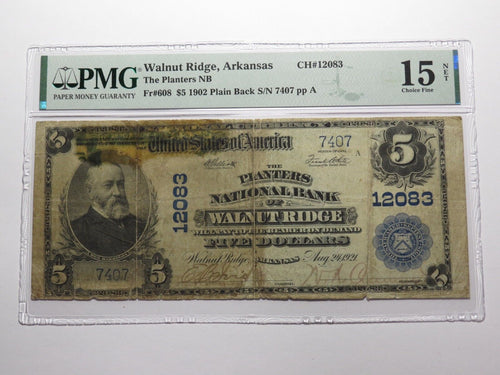 $5 1902 Walnut Ridge Arkansas AR National Currency Bank Note Bill #12083 PMG F15