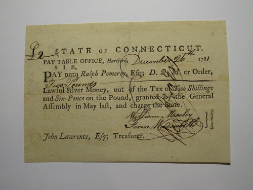 1781 Connecticut Pay Table Office Colonial Currency Note Bill! Wadsworth/Mosley!