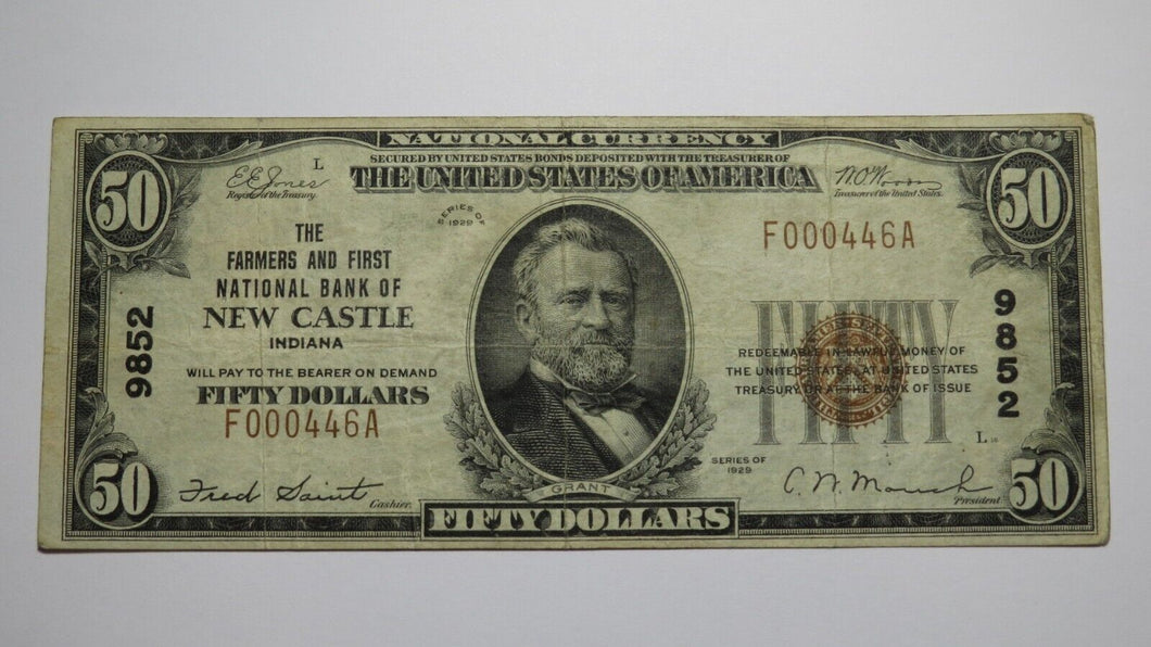 $50 1929 New Castle Indiana IN National Currency Bank Note Bill Ch. #9852 VF+