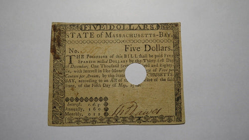 $5 1780 Massachusetts Bay MA Colonial Currency Bank Note Bill! May 5, 1780 RARE!