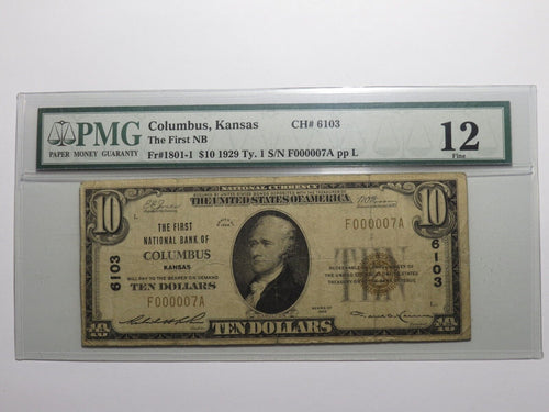 $10 1929 Columbus Kansas KS National Currency Bank Note Bill Ch. #6103 Serial #7