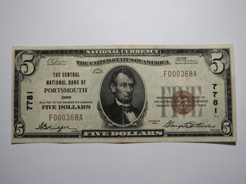 $5 1929 Portsmouth Ohio OH National Currency Bank Note Bill Charter #7781 VF