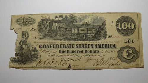 $100 1862 Richmond Virginia VA Confederate Currency Bank Note Bill RARE T39!