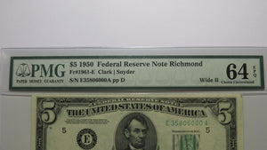 $5 1950 Wide II Richmond Federal Reserve Note Fr. 1961-E Choice UNC64EPQ PMG