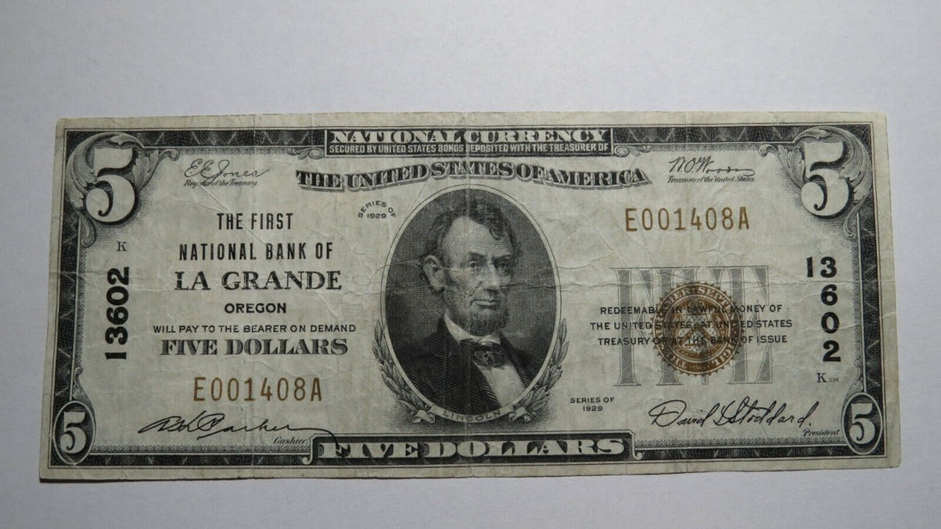 $5 1929 La Grande Oregon OR National Currency Bank Note Bill Charter #13602 VF+