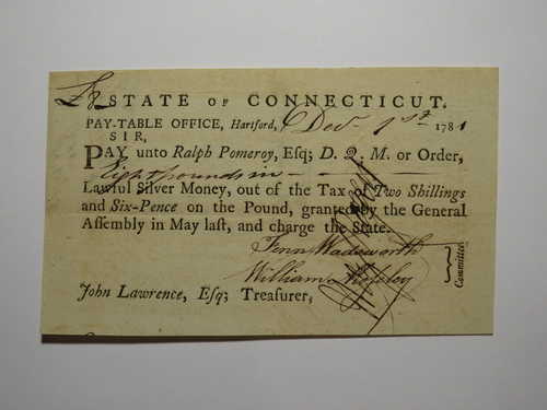 1781 Connecticut Pay Table Office Colonial Currency Note Bill! Wadsworth/Mosley