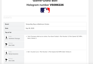 2020 Alex Cobb Baltimore Orioles Strikeout Game Used MLB Baseball! Tsutsugo