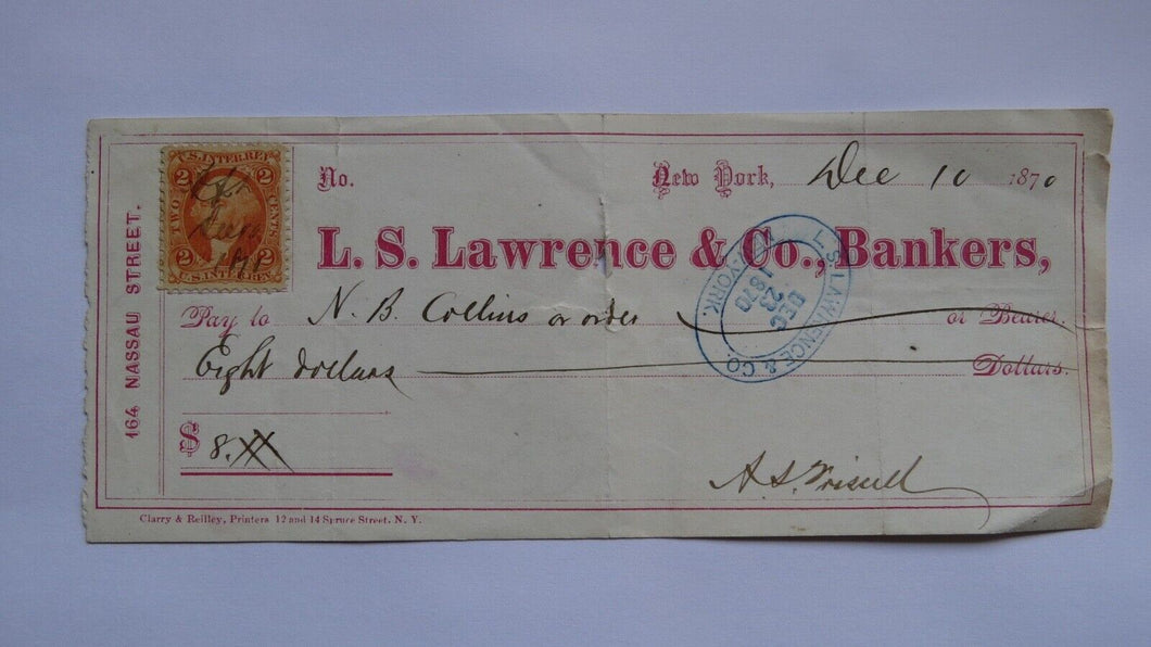 $8 1870 New York NY Cancelled Check! L.S. Lawrence & Co. Bankers