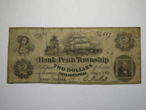 $2 1861 Philadelphia Pennsylvania PA Obsolete Currency Note Bill Penn Township