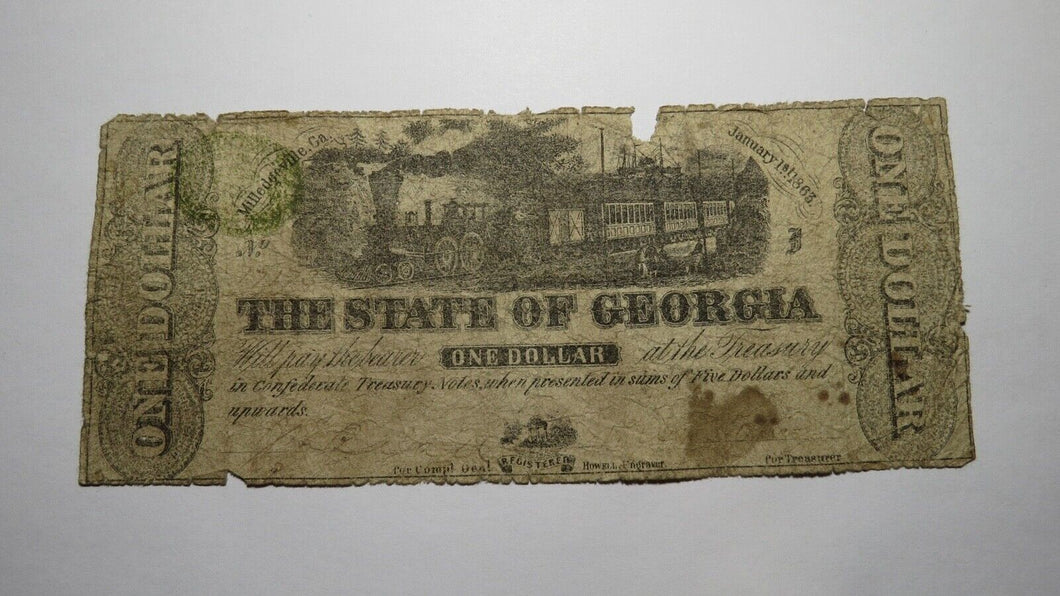 $1 1863 Milledgeville Georgia GA Obsolete Currency Bank Note Bill! State of GA
