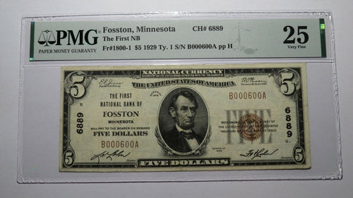 $5 1929 Fosston Minnesota MN National Currency Bank Note Bill Ch. #6889 VF25 PMG