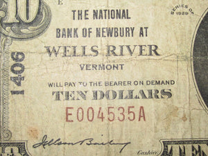 $10 1929 Wells River Vermont VT National Currency Bank Note Bill! Chart.  #1406